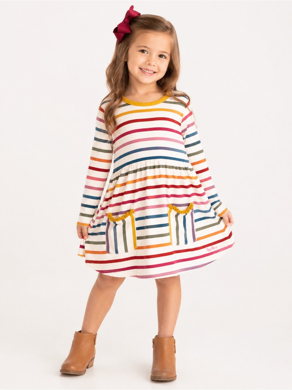 RuffleButts Colorful Rainbow Stripe Long Sleeve Twirl Dress Size 5